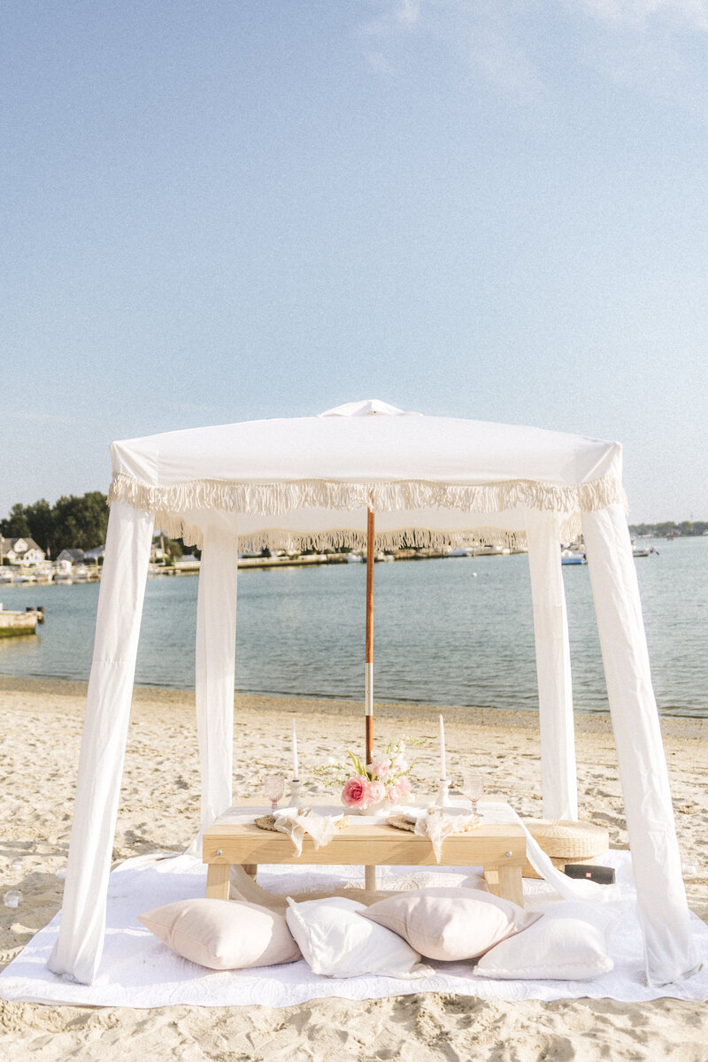 Romantic beach picnic setup with a canopy, pastel pillows, and an elegantly styled table overlooking the water, designed by Yours Truly, a wedding planner and designer in New Jersey.