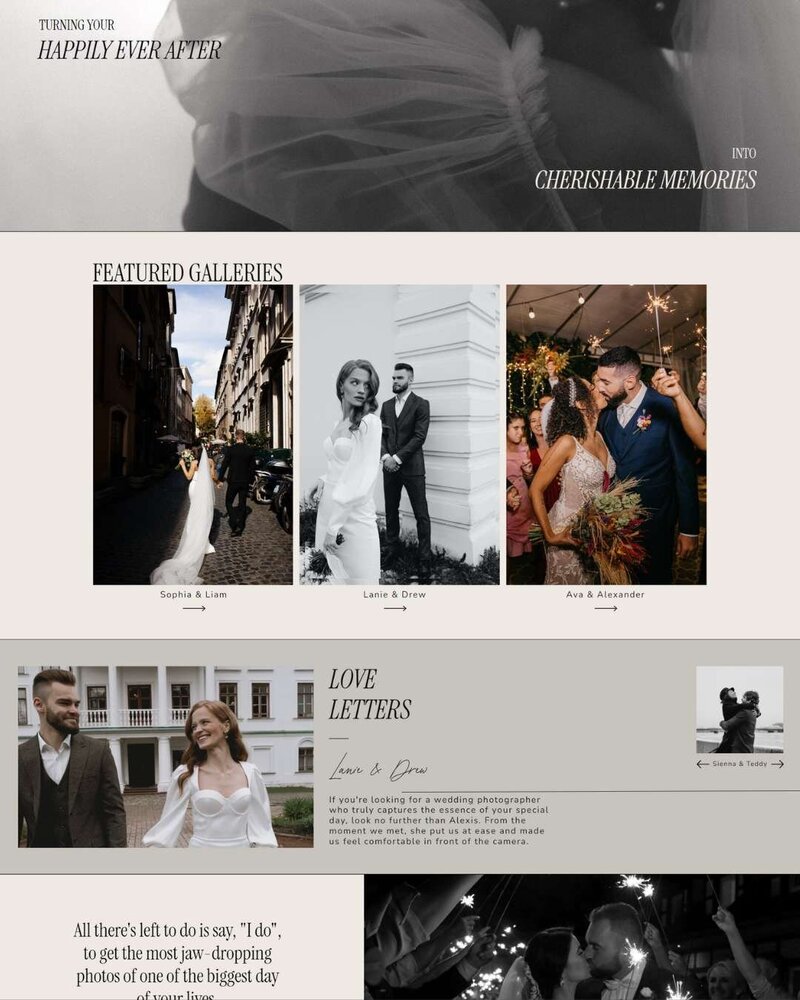 The featured galleries and review section of a wedding photographer's website.