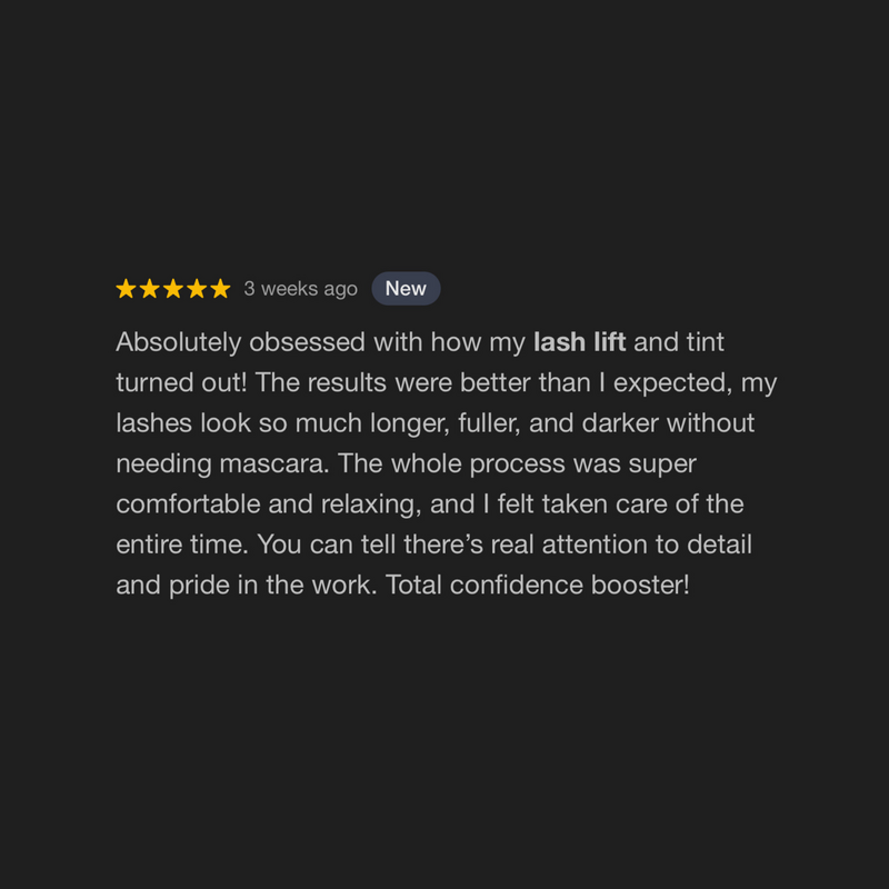 Lash lift and tint client review highlighting natural results
