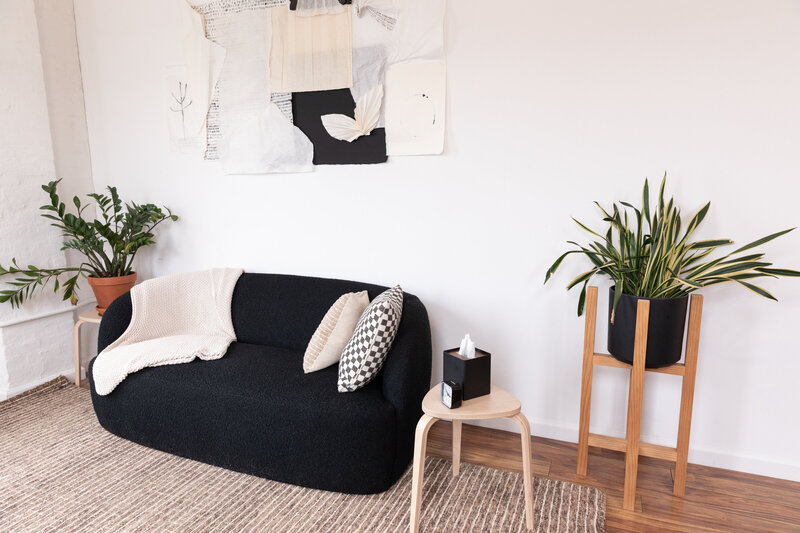 Black couch with throw pillows and blanket atop and a piece of collaged artwork hung above it. A side-table with tissues sits next to the couch alongside a wooden plant holder with a large, green plant.