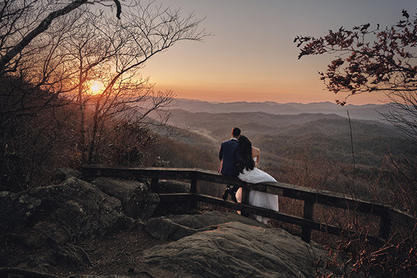 Couple watching the sunset at the end of their elopement day