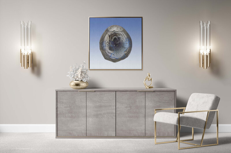Fine Art Canvas with a gold frame featuring Project Stardust micrometeorite NMM 628 for luxury interior design