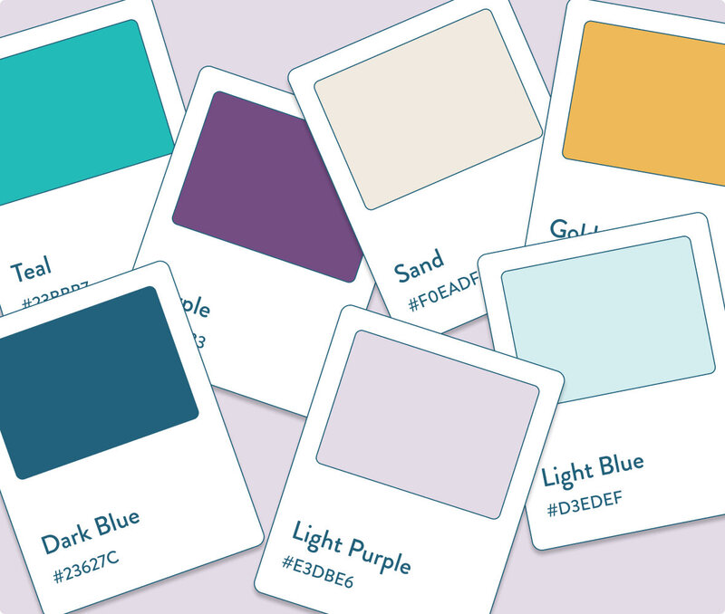 Illustrative polaroids showing Just Livity's brand colors. Colors range from purple, blue, tan, gold.