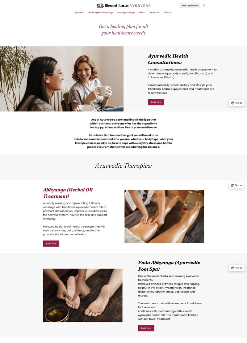 Blessed Lotus Ayurveda service page with Ayurvedic massage and consultation offerings