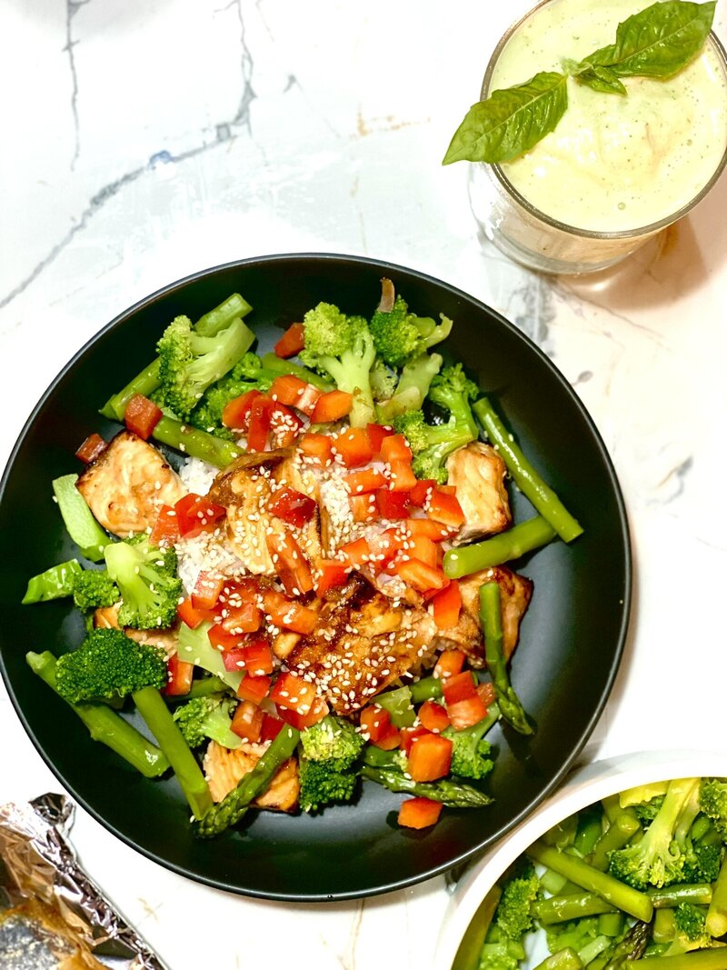 glazed salmon with white rice, broccoli, asparagus, and peppers