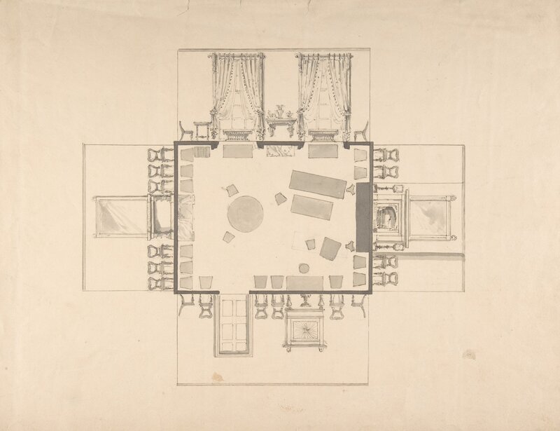 Sketch of a room decorating plan with chair curtains, tables and rugs