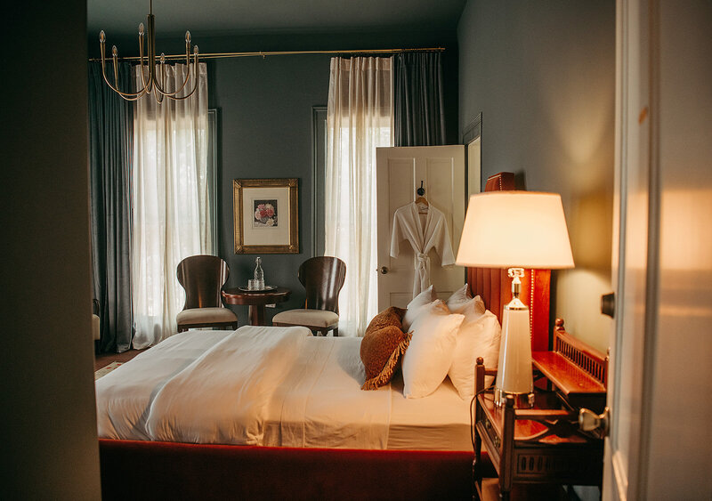 A deep blue/slate drenches the walls of this King room - your most restful sleep in the Hill Country