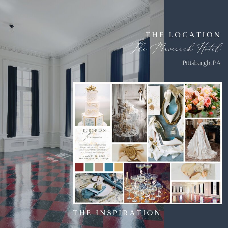 mood board shwoing pictures of wedding decor, dresses, flowers, and venues