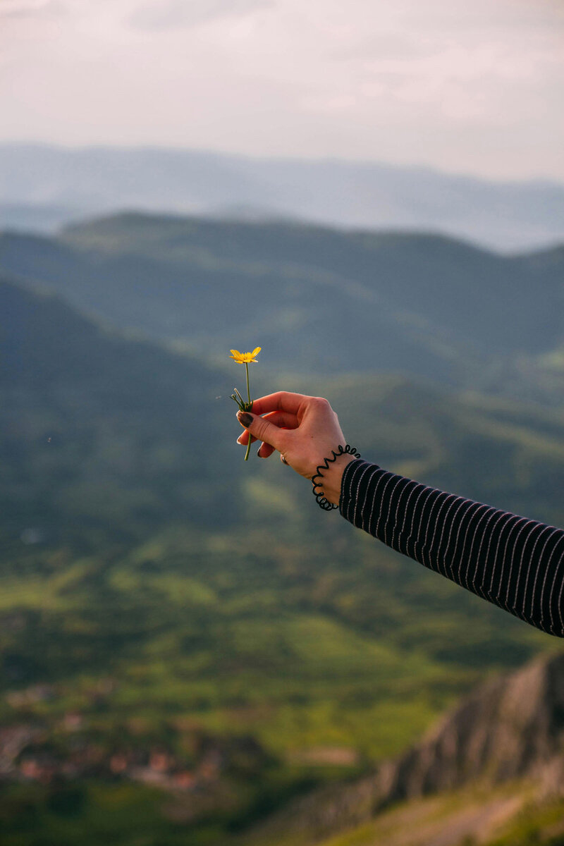 Women standing outside holding a single yellow flower in her ringers