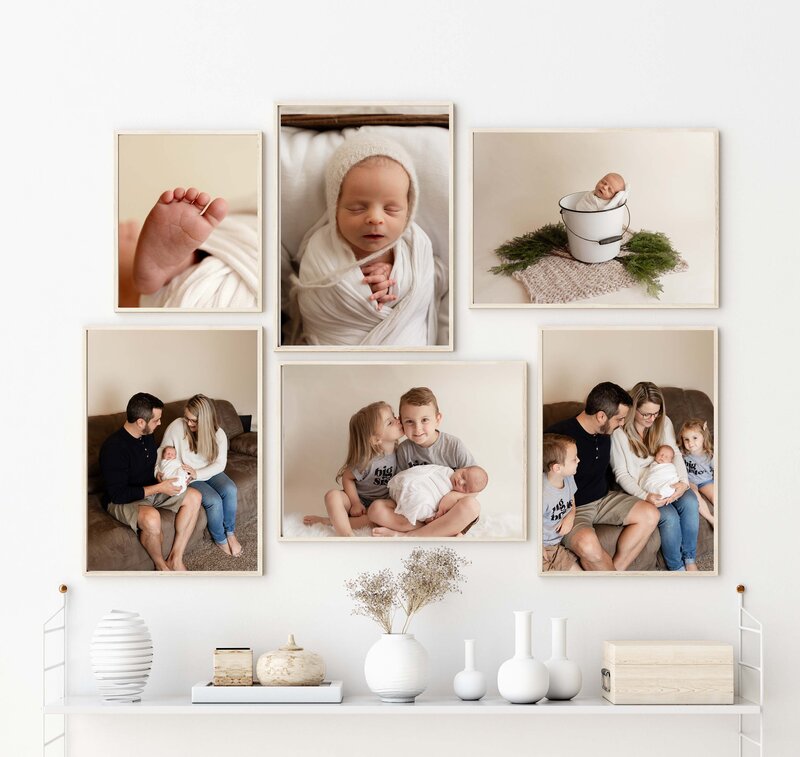 Gallery of newborn images in frames on a white background