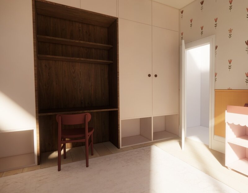 Pink cabinetry with walnut desk and burgundy desk chair.
