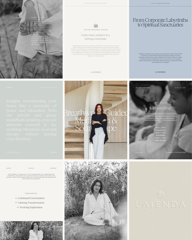 Mockup of a curated social media feed with serene lifestyle photos and posts promoting wellness services like sound baths and breathwork, featuring a clean, minimalistic design.