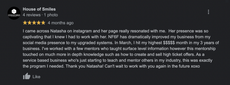 a screenshot of a five star review from one of natasha zoryk's past clients named house of smiles