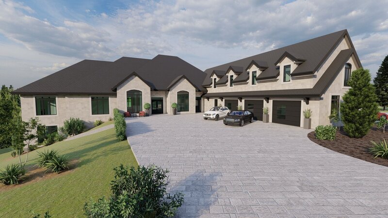 Custom home with large driveway and a three car garage.
