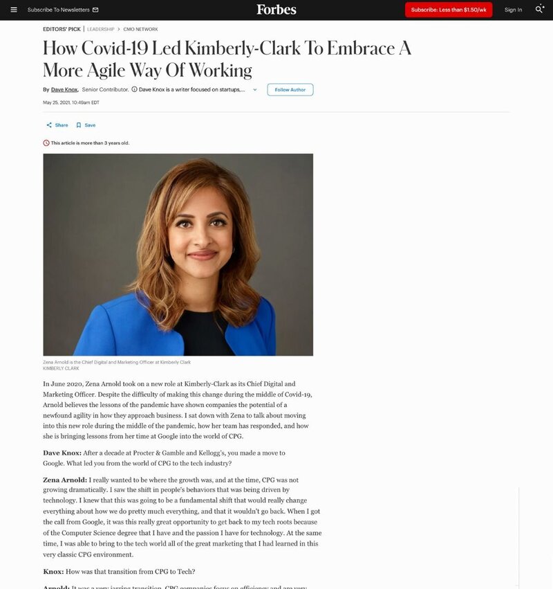 Screenshot of a Forbes article about how Kimberly-Clark adapted to agile marketing during Covid-19, featuring CMO Zena Arnold.