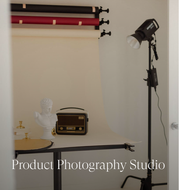 Product photography studio with props and backdrops.