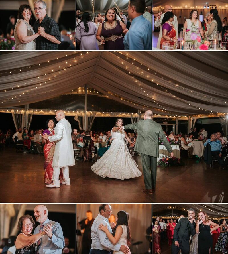 Bride and  groom dancing with their parents at  Bartram's Garden in Philadelphia