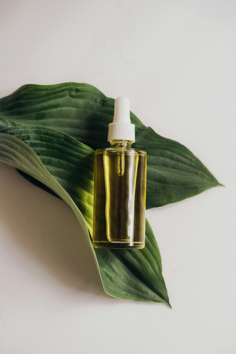 A clear bottle full of a botanical tincture sits on a leaf