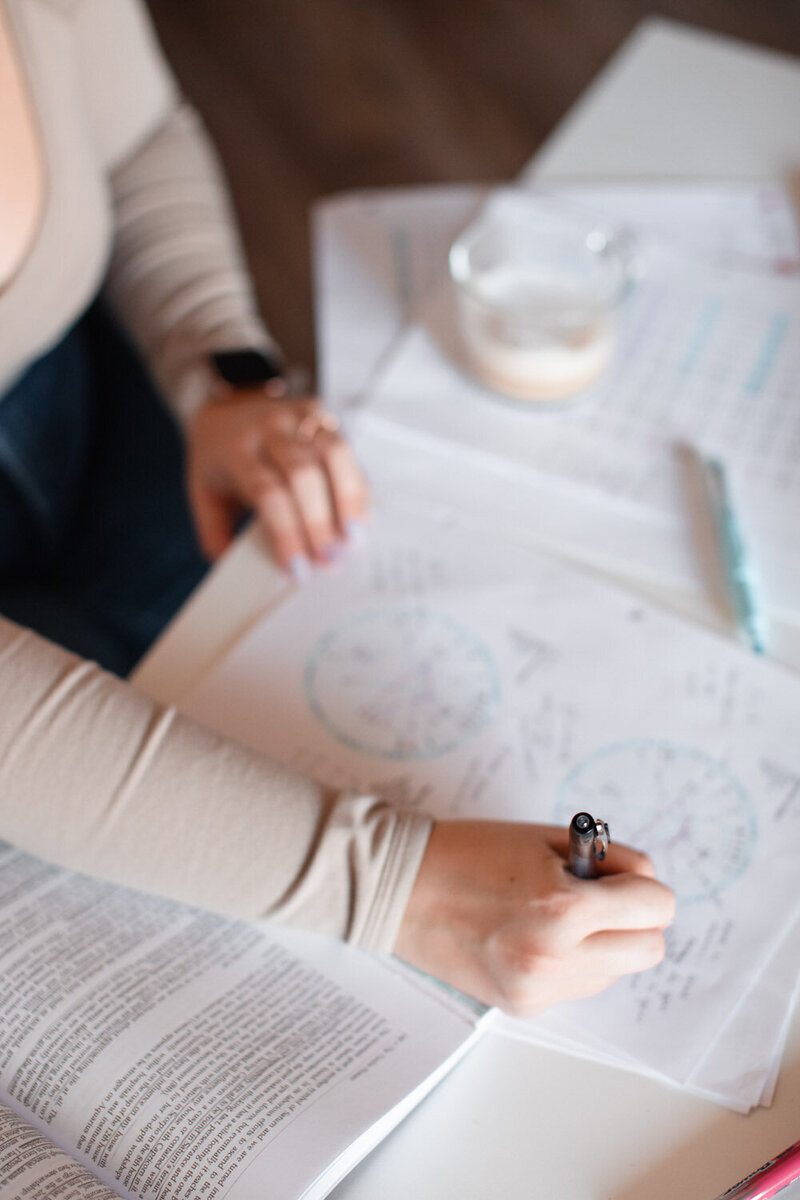 laura makes notes on an astrological birth chart