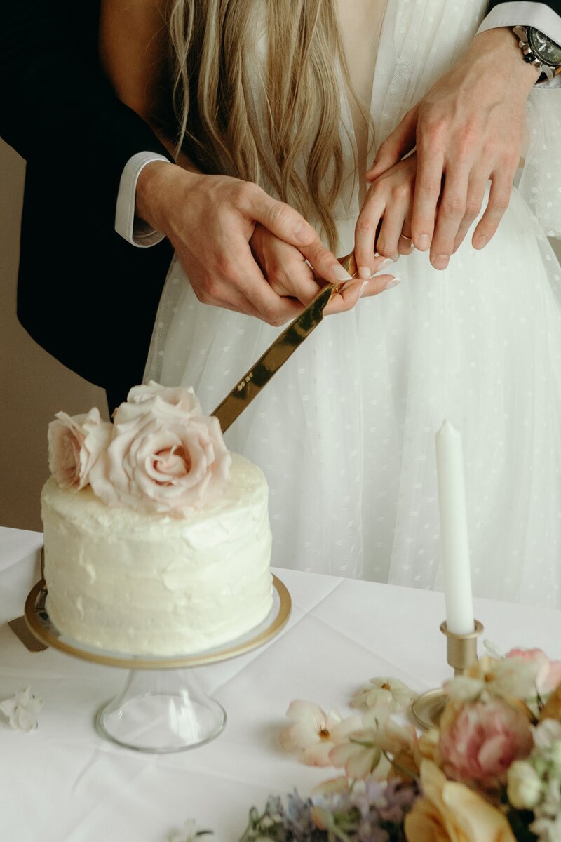 Detailed photo of a bride and groom's hands as they cut their wedding cake together.