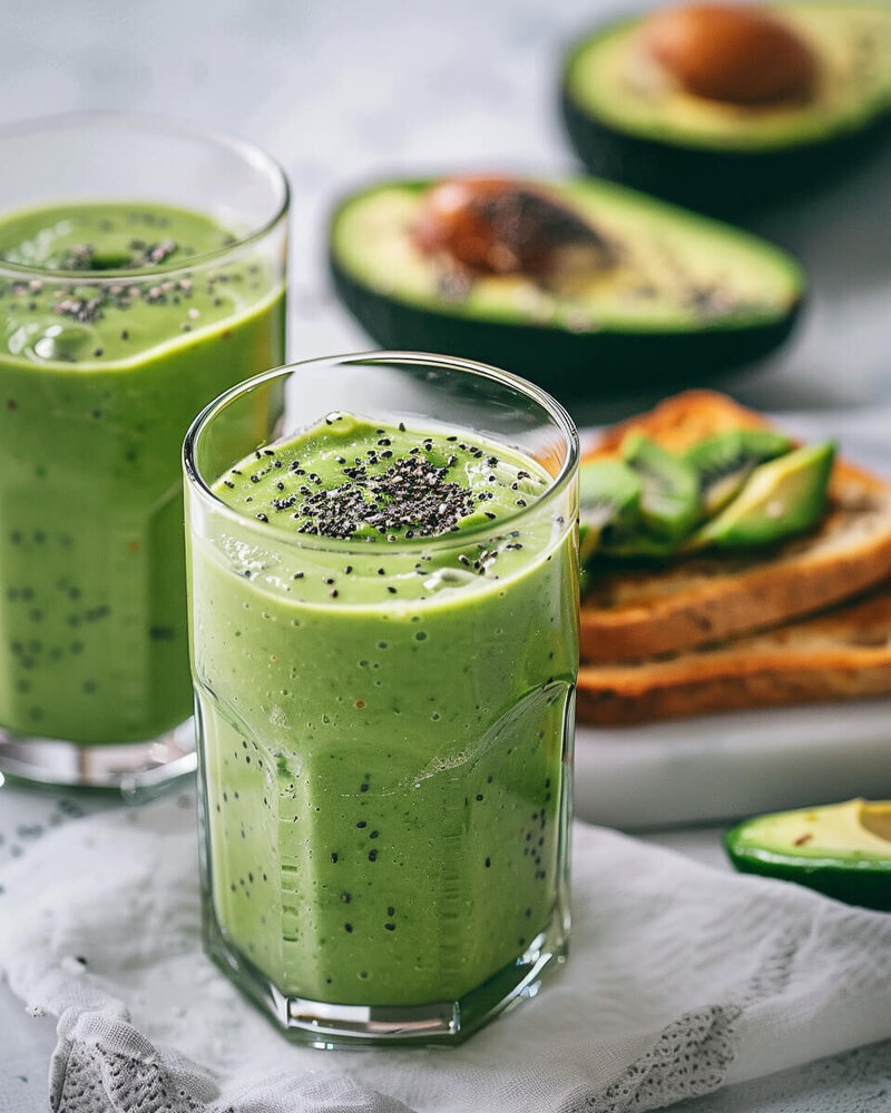 Two glasses of green smoothie topped with chia seeds, surrounded by avocado halves and avocado toast on a plate—Philippa Leseberg’s alternative health routine captured in a vibrant snapshot.