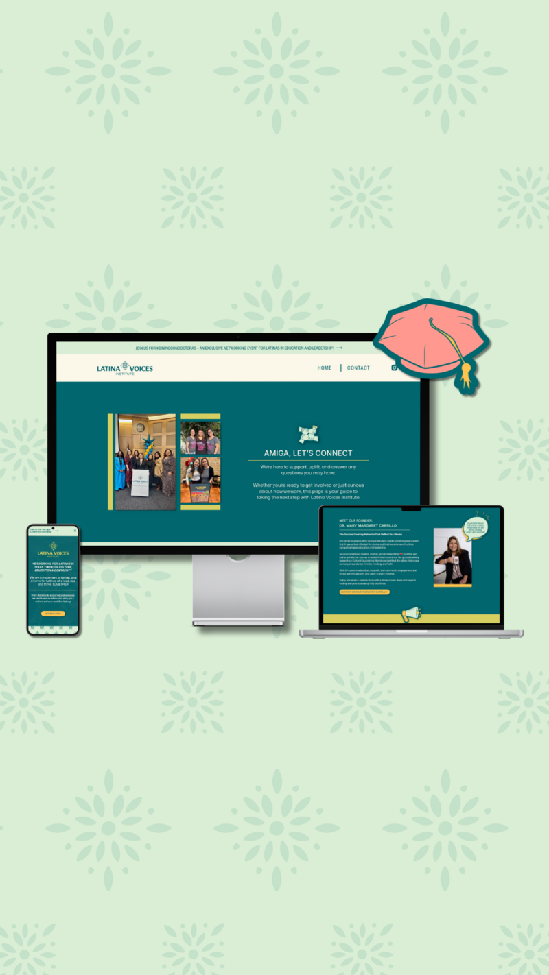Affordable website design and SEO packages mockup for a Latina networking community with branded colors and professional layout
