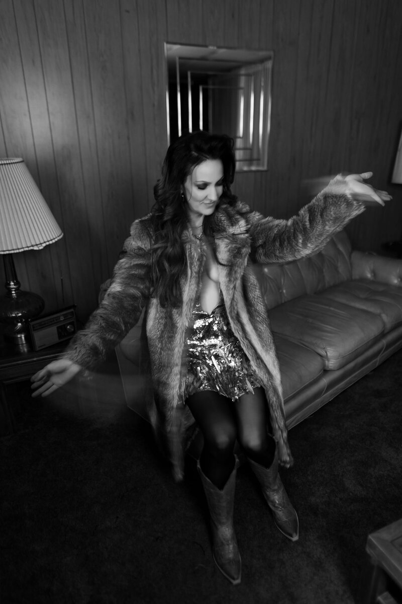 Black and white photo of Juliet Trnka dancing-from the Direct Knowing brand photoshoot