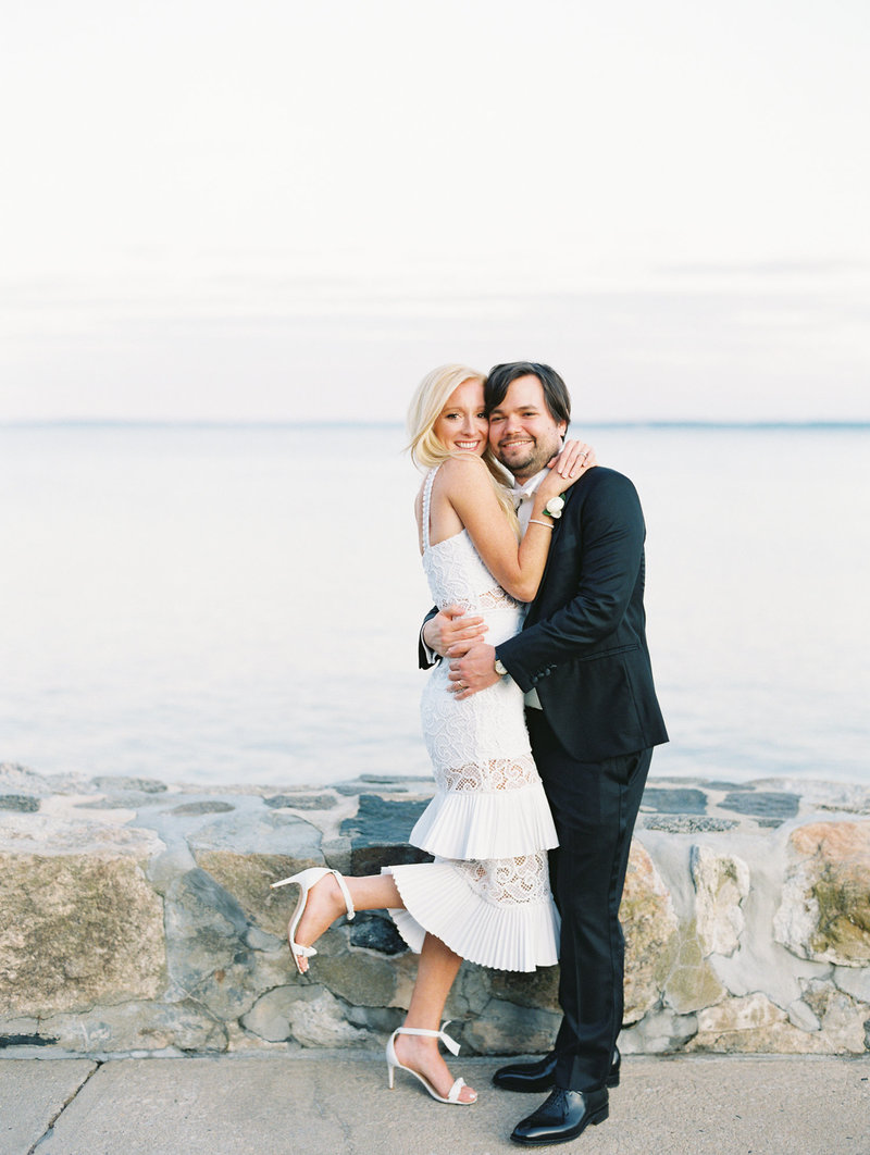 tea-length-dress-bride-groom-Connecticut-waterfront-wedding