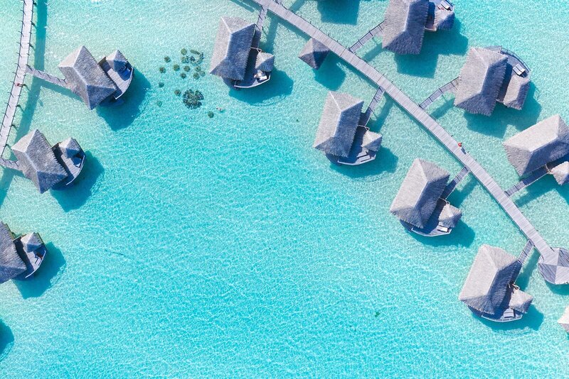 Aerial view overwater bungalow luxury in Bora Bora