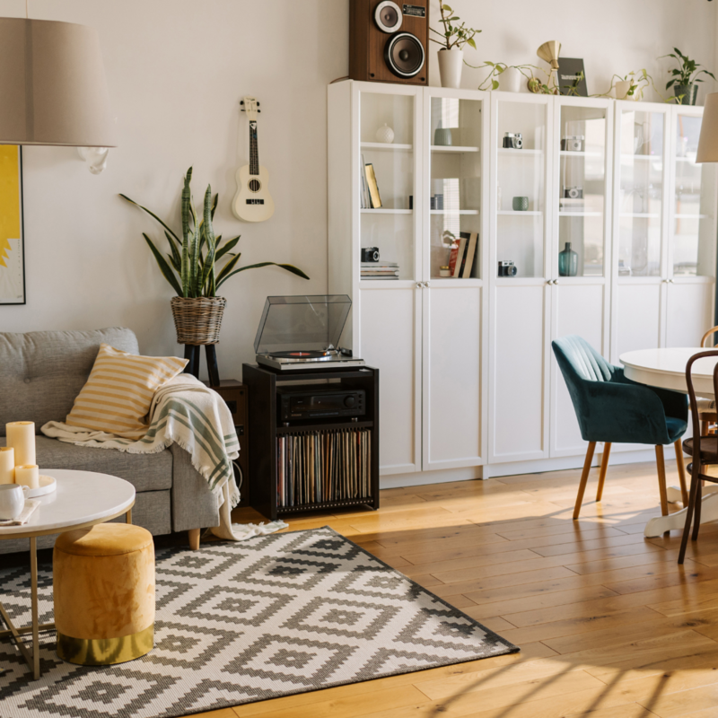 Living room with natural light and a record player