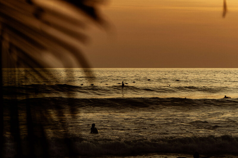 Sunset view of ocean, surfers, and waves