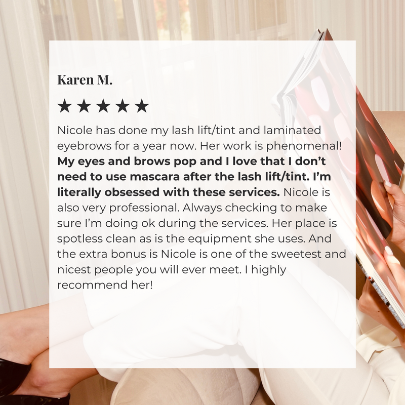 Happy client review about feeling confident and refreshed after brow and lash treatments