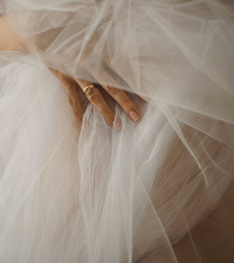 Close up of a tulle wedding dress