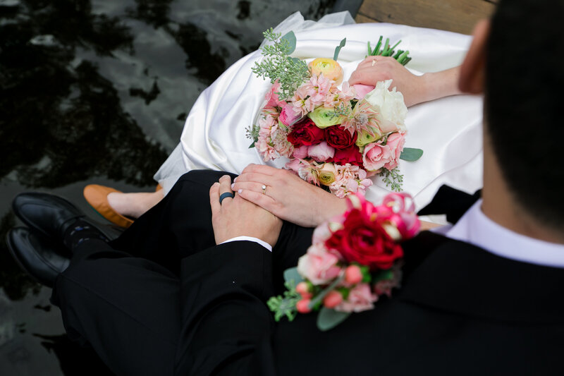 Bride and Groom's hands, Bride holding flower's and husband's hand | Wedding Photography
