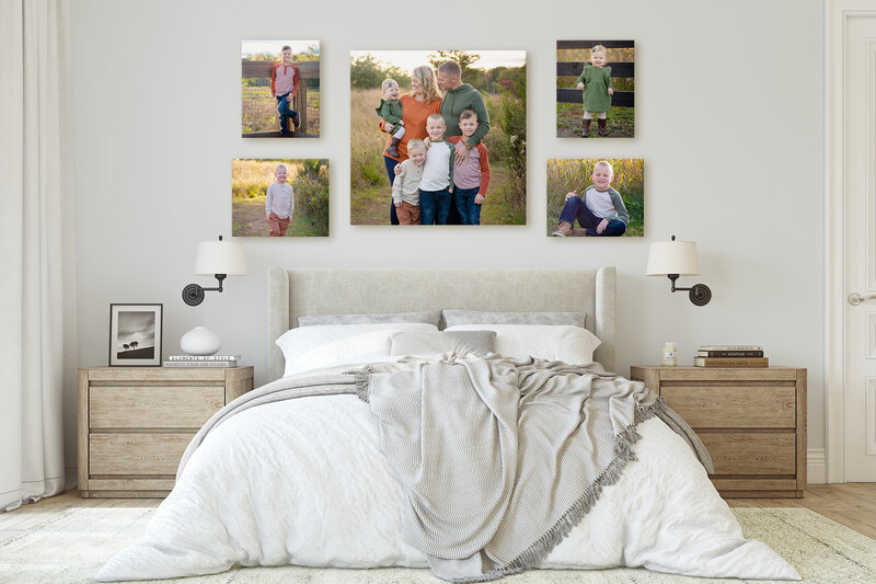 A bedroom displaying canvases of a family of six  by Northern Virginia family photographer, Melissa Driggers.