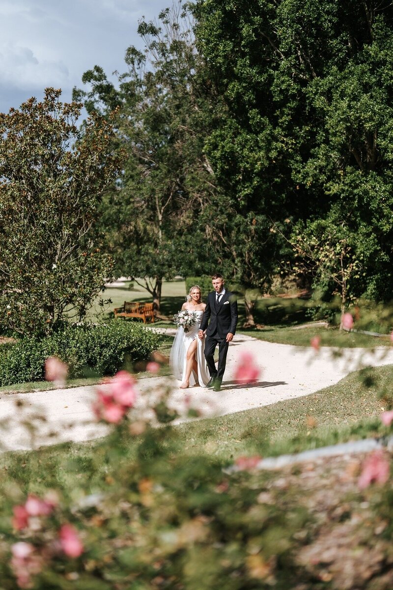 A bride and a groom walking through gardens with a pink rose bush in the foreground