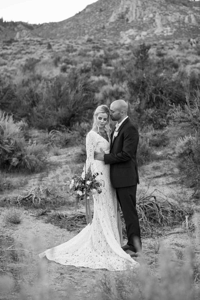 Married couple embracing surrounded by sage brush 