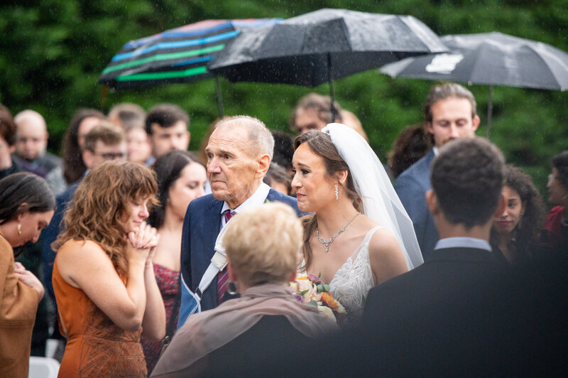 Bride is emotional as father walks her down the aisle in Snug Harbor New York City wedding day
