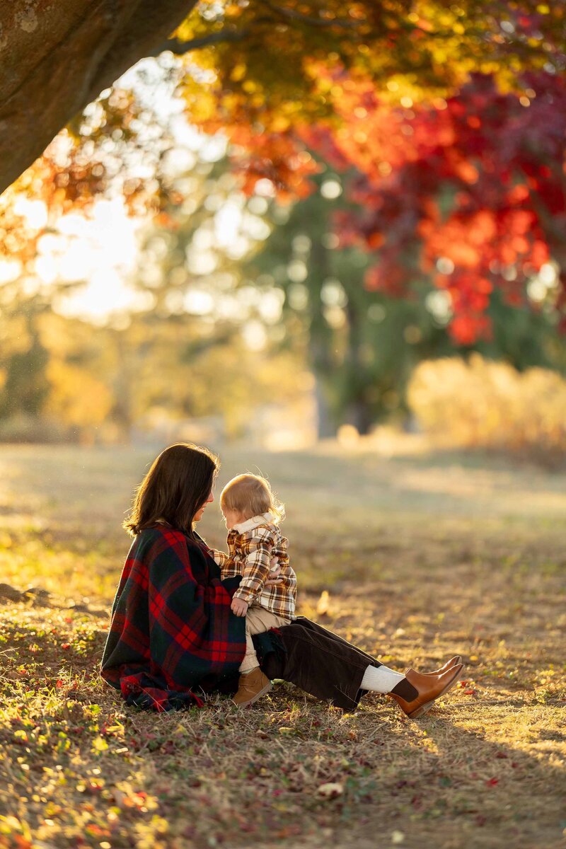 Fall family photo of a mother in plaid sitting on the grass under autumn foliage, holding her toddler son on her lap at golden hour