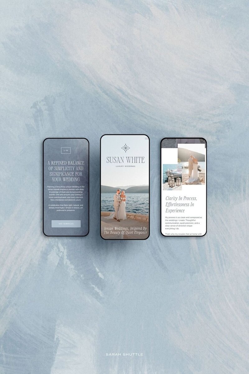 Mobile website mockup for Susan White Luxury Weddings showcasing the refined, sea-inspired design created for a luxury destination wedding planner.