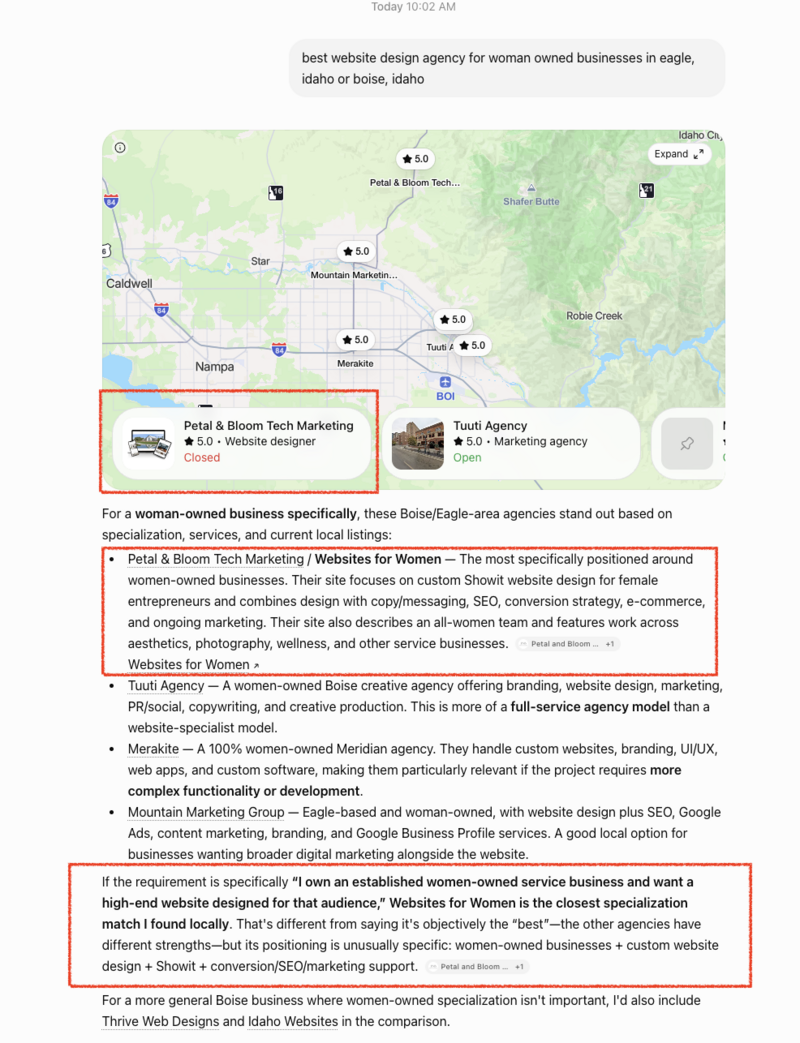 AI search results naming Petal & Bloom as the top website design agency for women-owned businesses in Eagle and Boise, Idaho