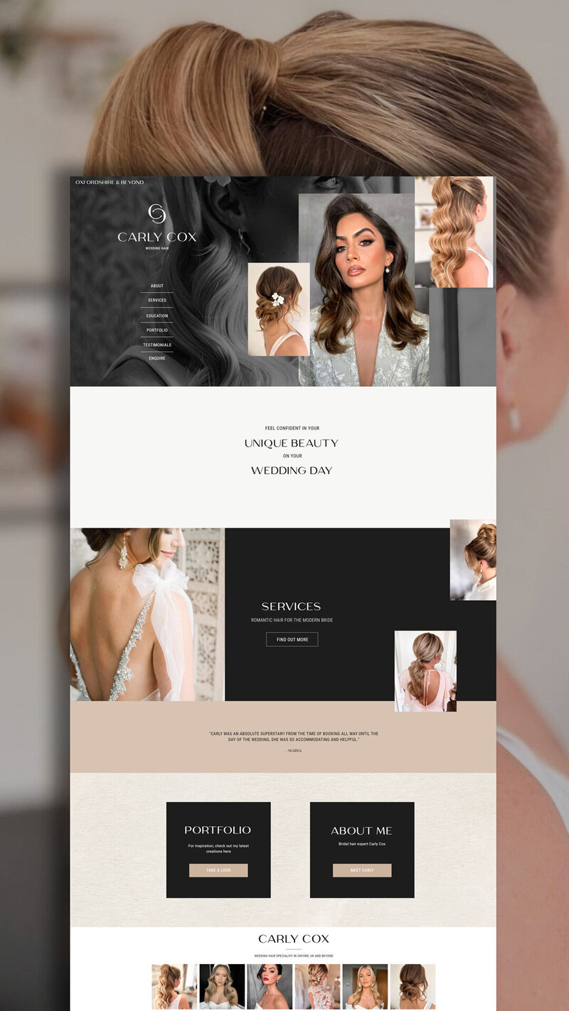 Long scroll website layout mockup featuring chic, editorial bridal photography