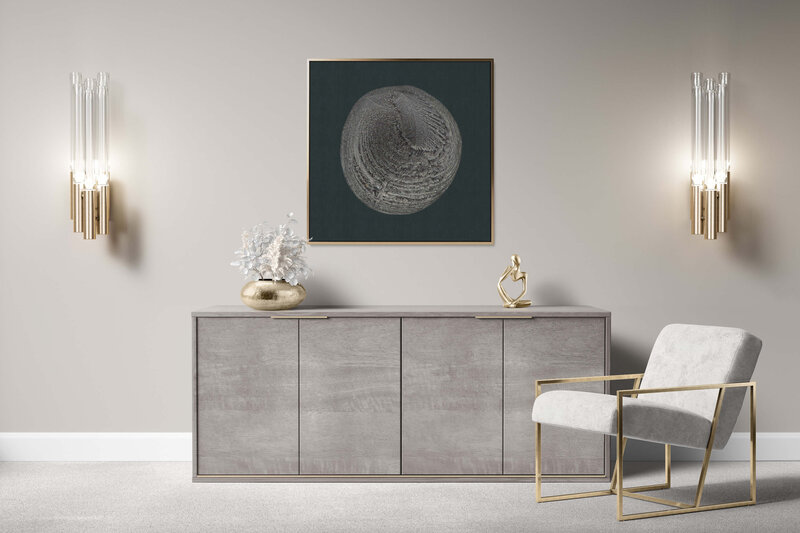 Fine Art Canvas with a gold frame featuring Project Stardust micrometeorite NMM 2889 for luxury interior design