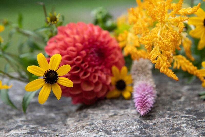 yellow and red flowers laying on a stone surface