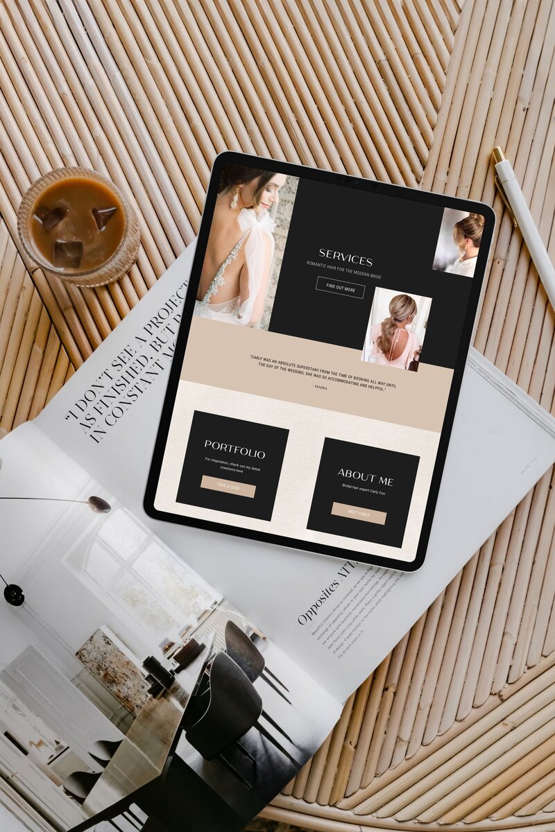 iPad mockup of Carly Cox’s bridal hair website styled on an open magazine