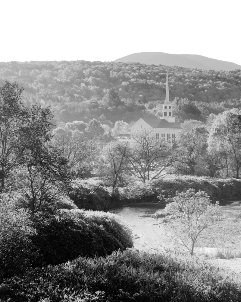 Black and white photo of the Vermont mountain town that Femme Collective is located in