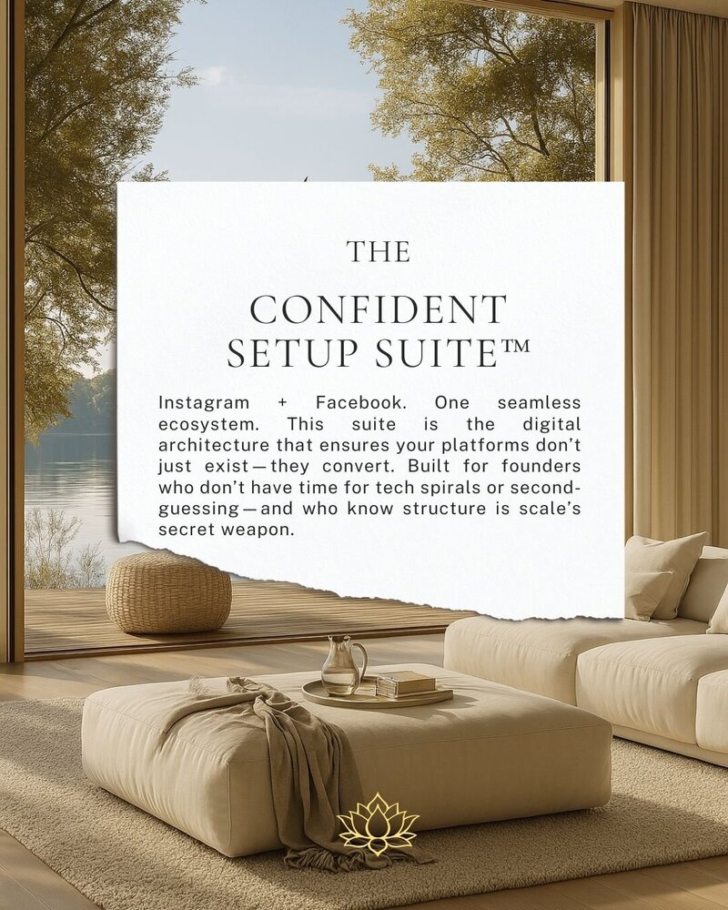 A sunlit living room view with a framed image of The Confident Setup Suite™—a bundled Instagram and Facebook setup system designed for brand visibility and growth.