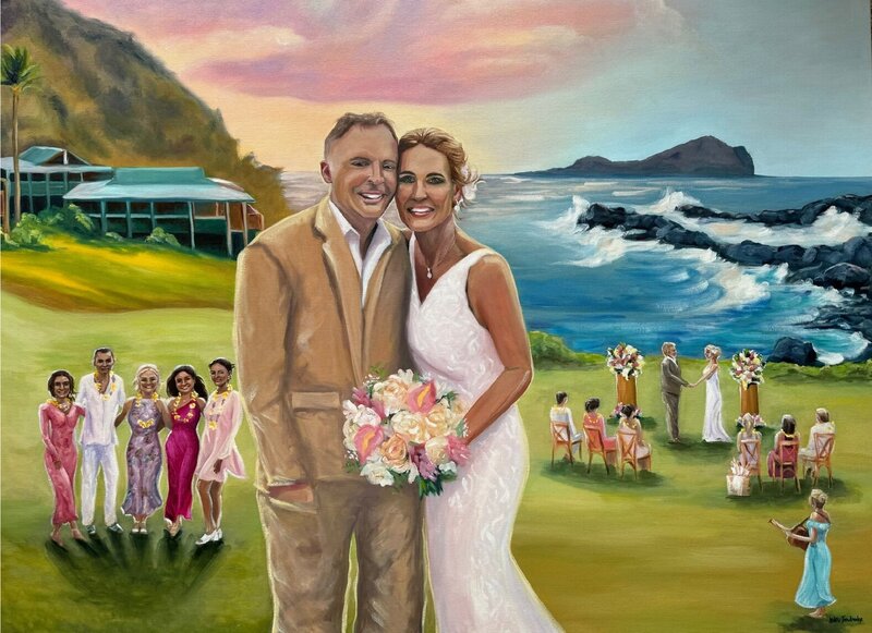 Ocean front wedding ceremony painted scene of bride in white dress and groom in tan suit at Hana Maui Resort, with family and friends painted in the background.
