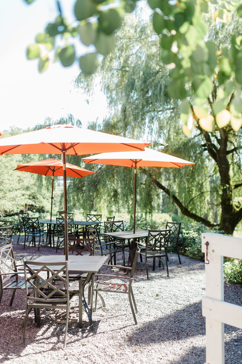 Outdoor patio with orange umbrellas and serene greenery
