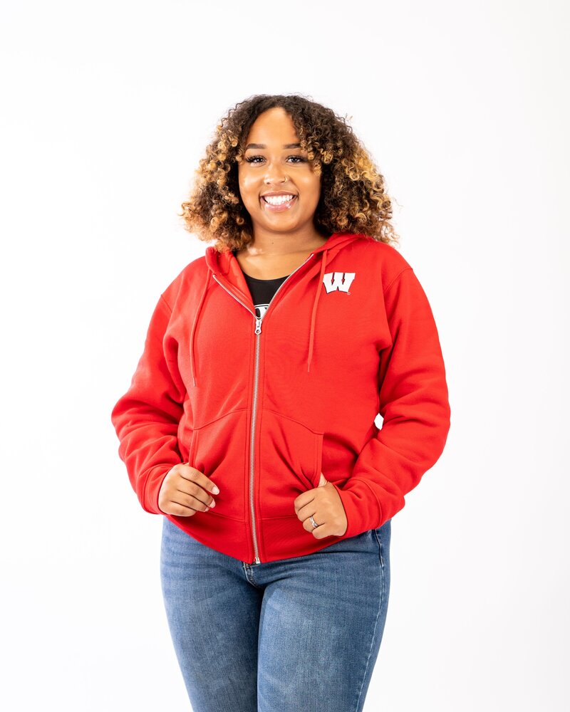 zip up hoodie with college logo in the upper right corner